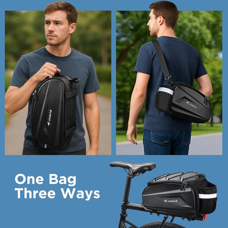 whale fall 10L Bike Rack Bag – Hard Shell Waterproof Rear Trunk Pannier, Saddle Seat Bag Carrier with Rain Cover, 4-Side Reflective Panels, Shoulder Strap & Handle, Bike Accessories, Gifts for Men