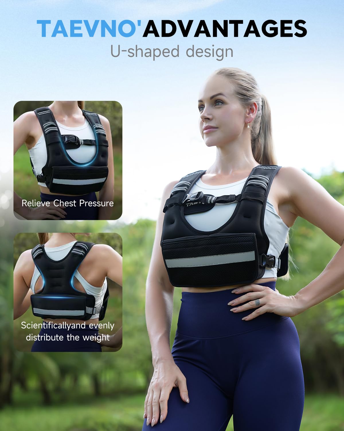 TAEVNO Adjustable Weighted Vest for Women Men,12-20lb Comfort Fit - U-Shaped Ergonomic Weight Vest with 6 Removable Iron Sandbags, Large Front Mesh Pocket & Reflective Strips, Ideal for Running, Walking, Strength Training, HIIT, Cardio Workouts (Black)