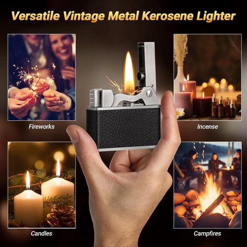 Scotte Vintage Kerosene Lighter, Windproof Soft Flame, Metal and Leather Trench Lighter, Fluid Refillable Pocket Lighters, Easy to Carry and Use, Gift for Father Husband