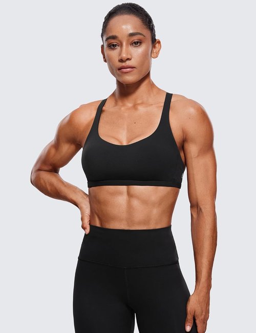 CRZ YOGA Women's Criss Cross Sports Bra - Wireless Padded Medium Support Gym Cami in Black