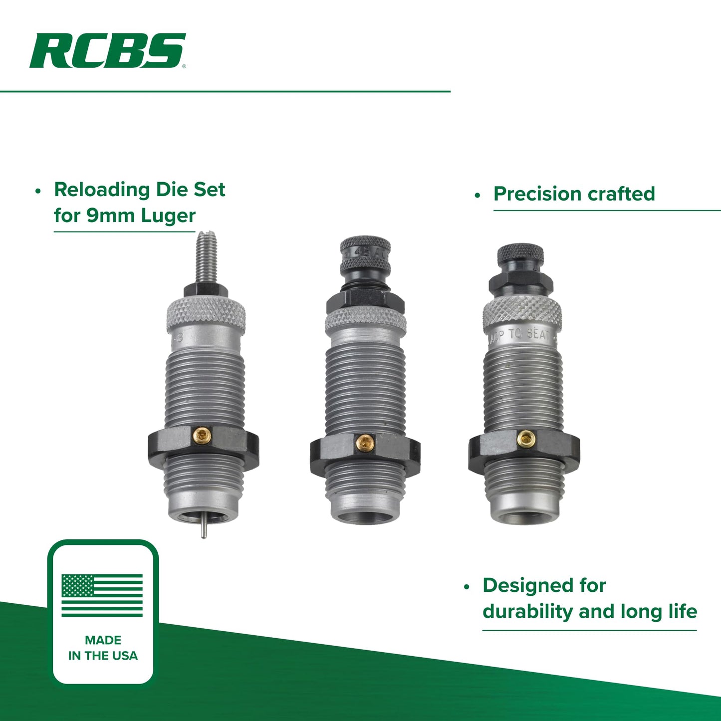 RCBS Carbide Die Set – 9mm Luger – 3 Die Set – Green