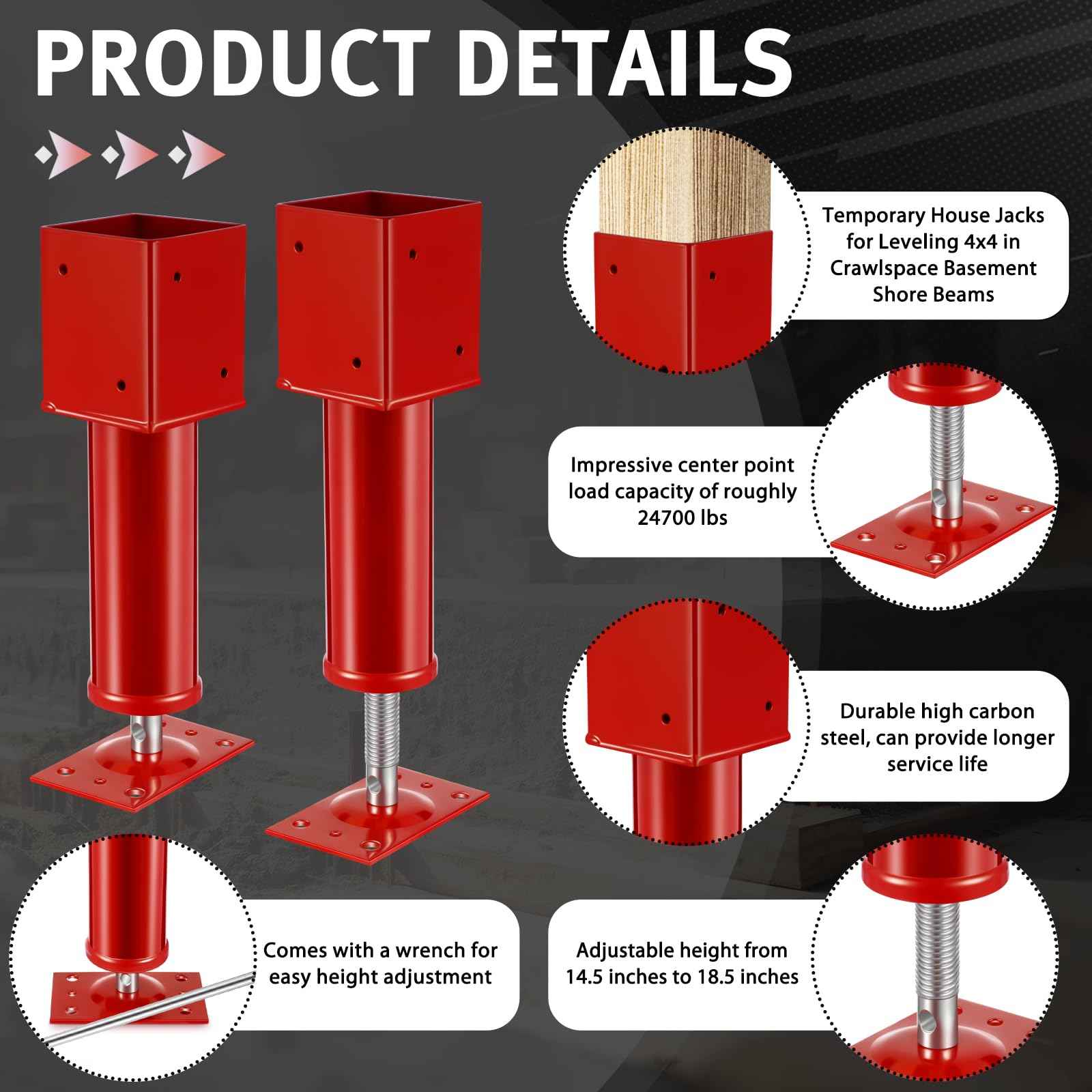 Lasnten 2 Pcs 4" x 4" Screw Jack Post 14.5" - 18.5" Height Range 24700 lbs Load Capacity Adjustable Temporary House Jacks for Leveling Flooring Basement Shore Beams Foundation Repair(Red)