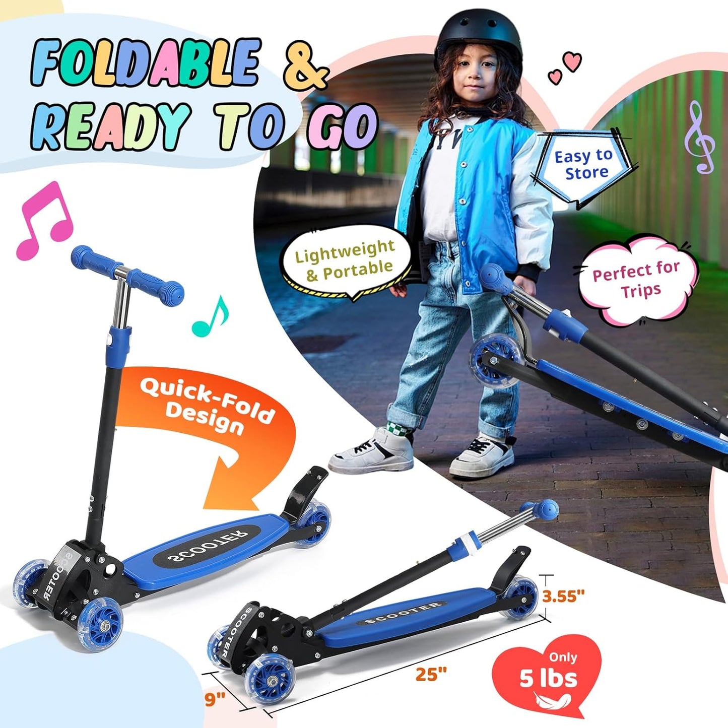 Skiennix Kick Scooter for Kids | Light-Up Three-Wheel Design, Adjustable Height, Foldable, Ages 3-7, Up to 120 Lbs