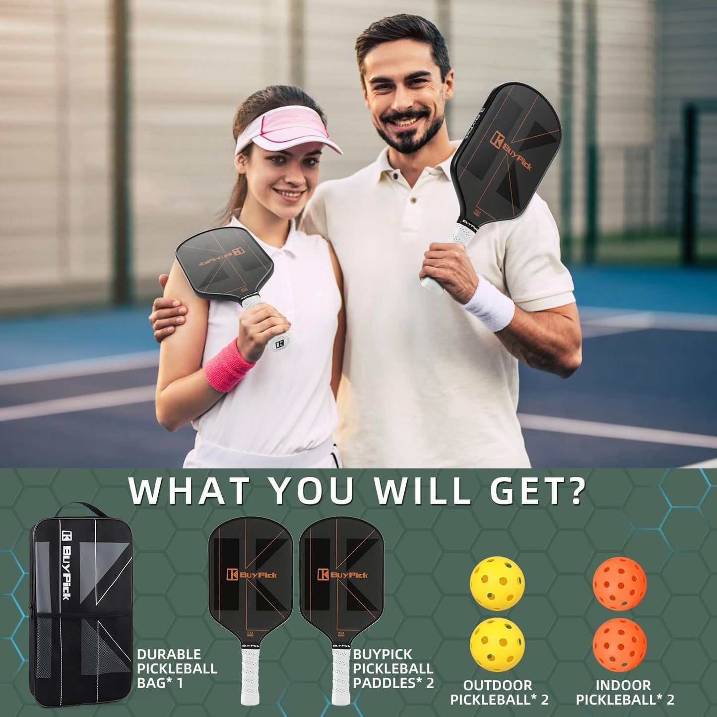 Pickleball Paddles, Pro Carbon Fiber Pickleball Paddle 16 mm Honeycomb Core, USAPA Approved Lightweight Rackets, Pickleball Paddles Set of 2 with 4 PE Balls 1 Bag, Pickle Ball Paddle for Men Women