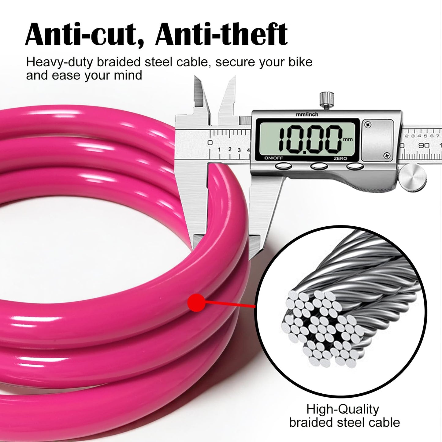 NDakter Bike Lock, 4/5.6 Feet Bicycle Cable, High Security 5 Digit Resettable Combination Coiling Bicycle Lock, Heavy Duty Anti Theft Cable with Mounting Bracket, 1/2 Inch Diameter (4FT,Pink-12mm)