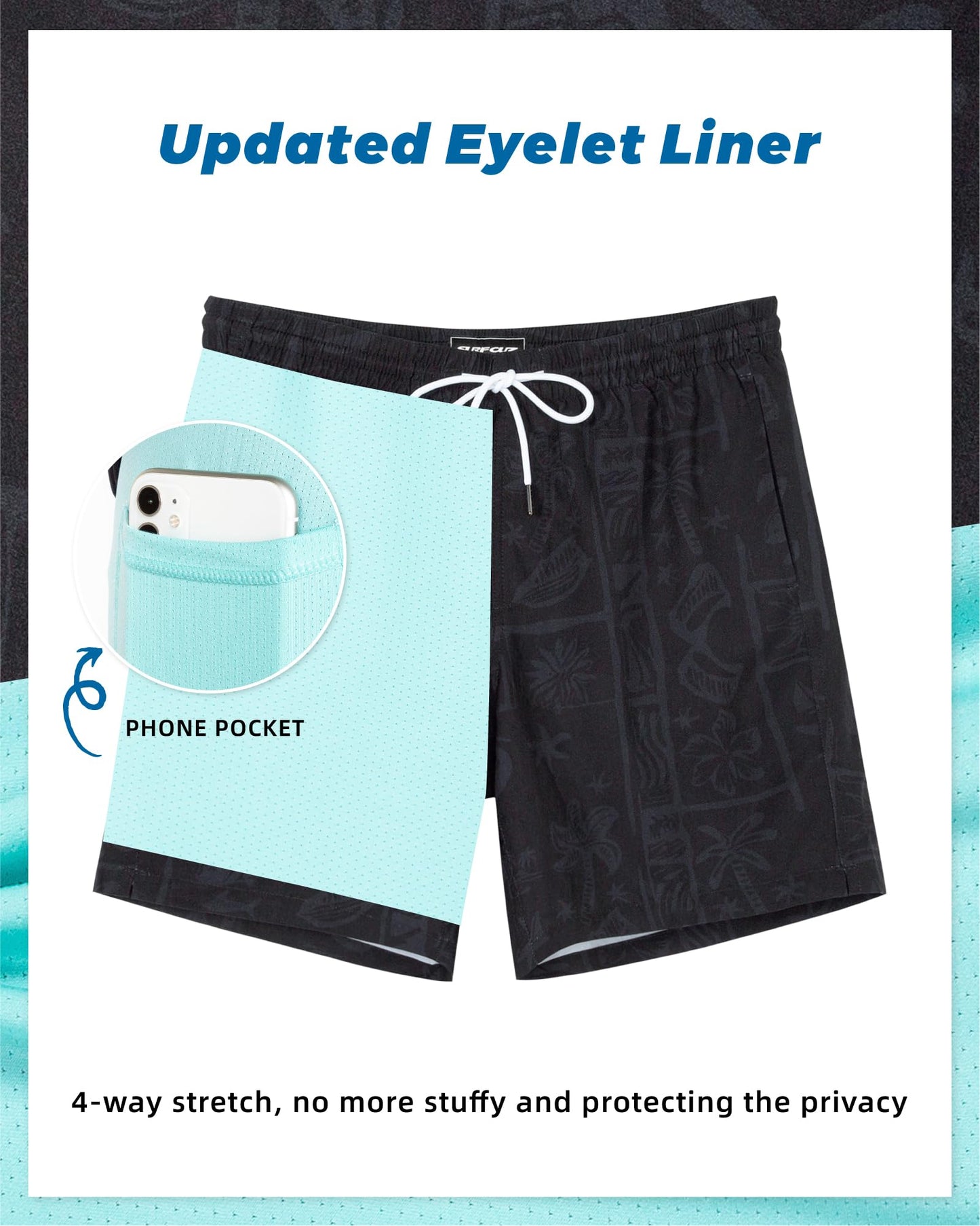 SURF CUZ Mens Swim Trunks with Compression Liner Quick Dry Swim Shorts 7" Swimming Trunks Stretch Zipper Pockets,Cool Coast,XS