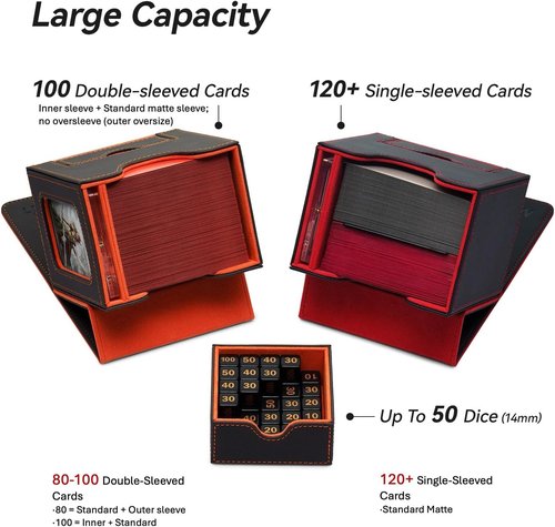 Mage Tech Card Deck Box for MTG Commander - Patented Design for 100 Double-Sleeved Cards | Black/Red