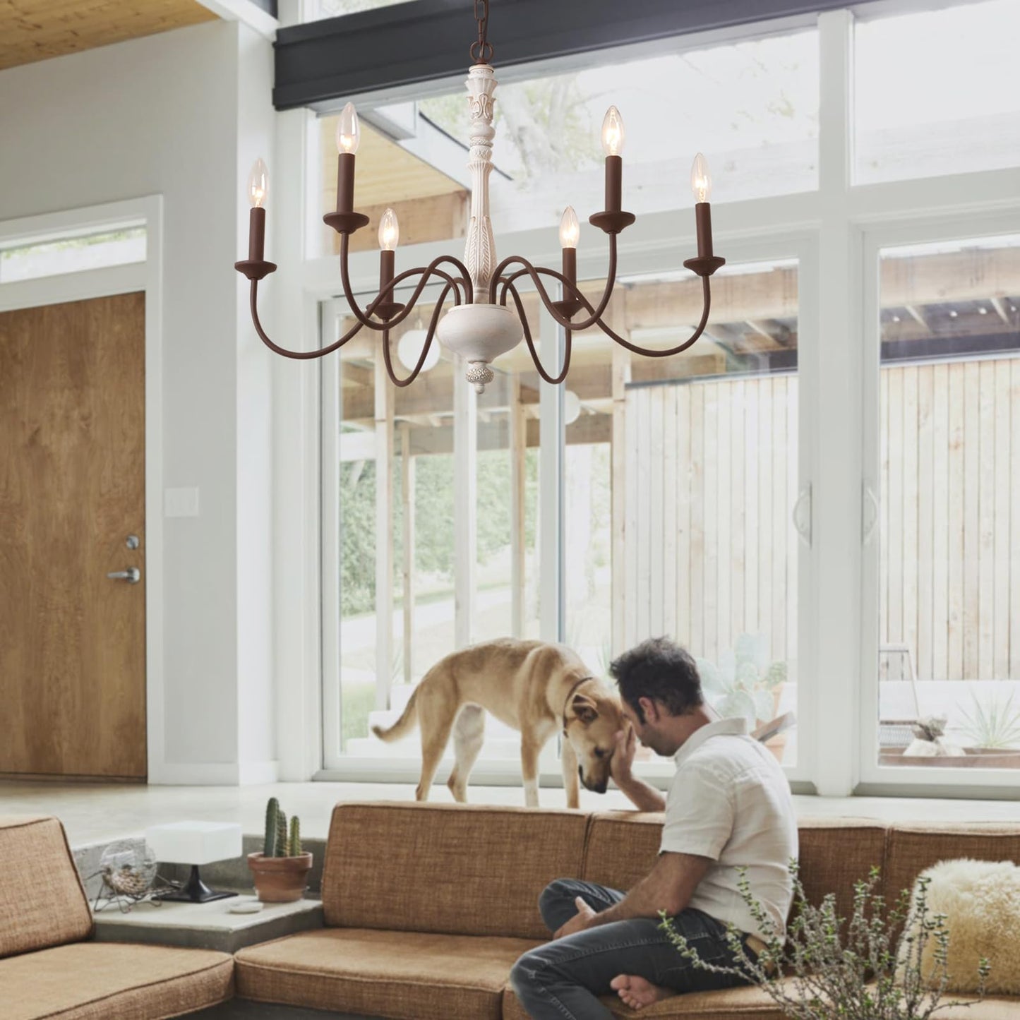 French Country Chandelier,6-Light Farmhouse Chandelier Vintage Candle Dining Room Lighting Fixture Brown White Antique Industrial Chandeliers for Living Room Kitchen Island Foyer Bedroom Lighting