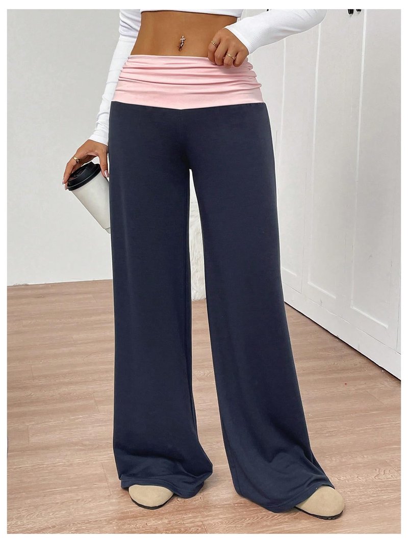SOLY HUX Women's Sweatpants Color Block Low Rise Fold Over Waist Baggy Wide Leg Pants Dark Blue and Pink Small