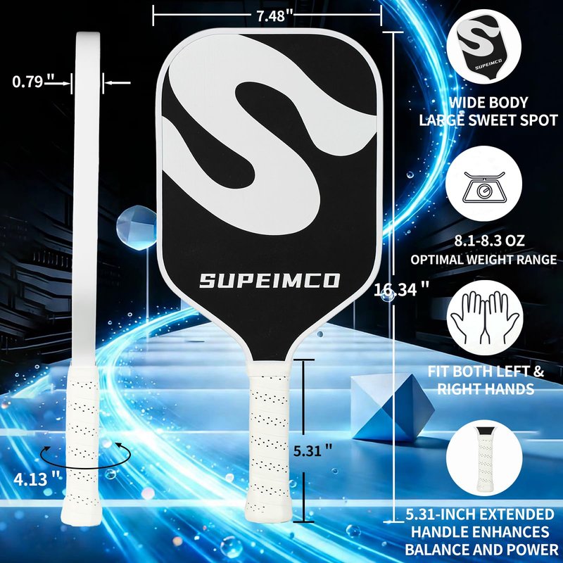SUPEIMCO Pickleball Paddles (2 Pack) - T700 Carbon Fiber, Polypropylene Honeycomb Core,2cm Thick, 5.31" Extended Handle,8.1oz Medium Wt All Skill Levels