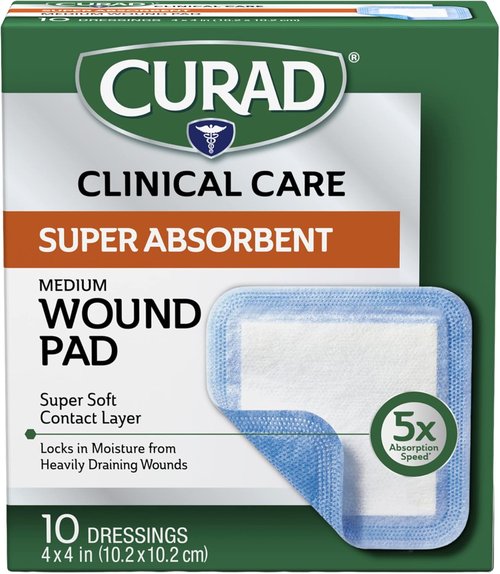 Curad Super Absorbent Wound Pads - Medium Size 4" x 4" | 10 Count for Maximum Protection