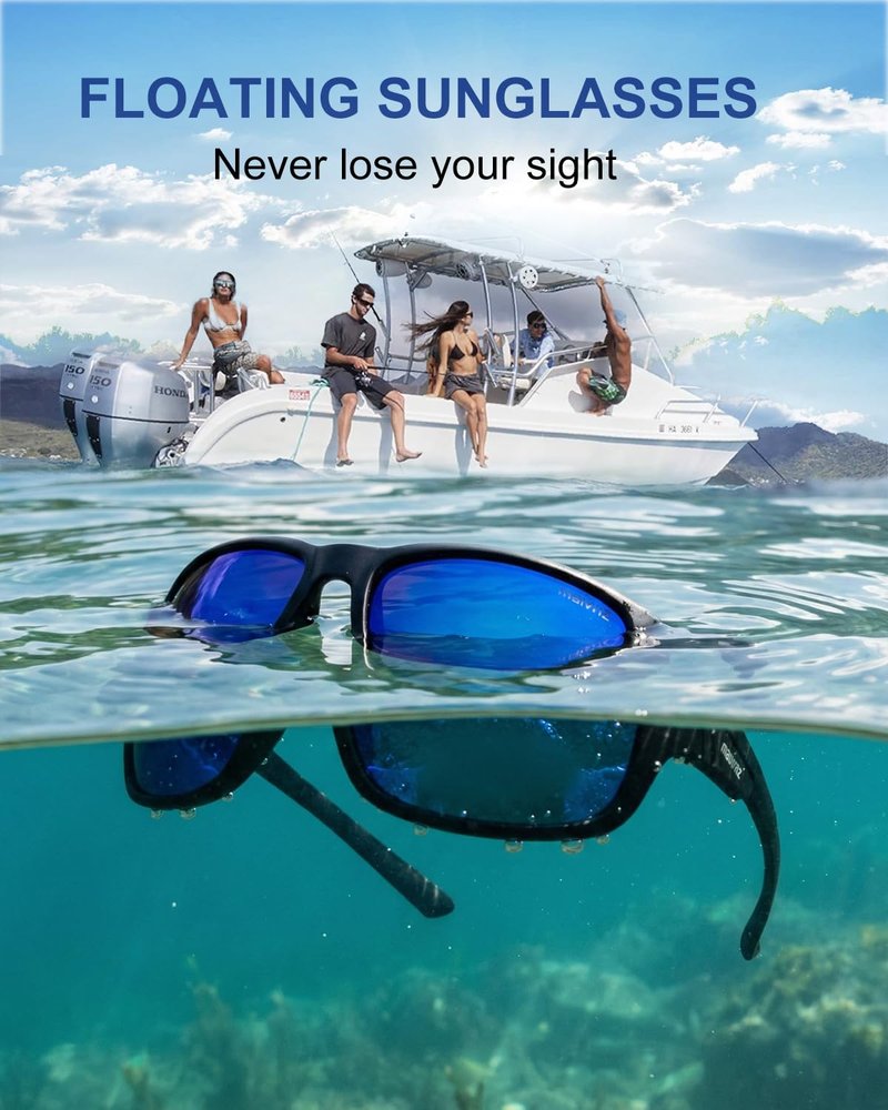 maivnz Floating Polarized Fishing Sunglasses for Men & Women - UV400 Blue Mirror Lens, Lightweight TPX Frame for Boating, Kayaking & Surfing (Black/Blue)