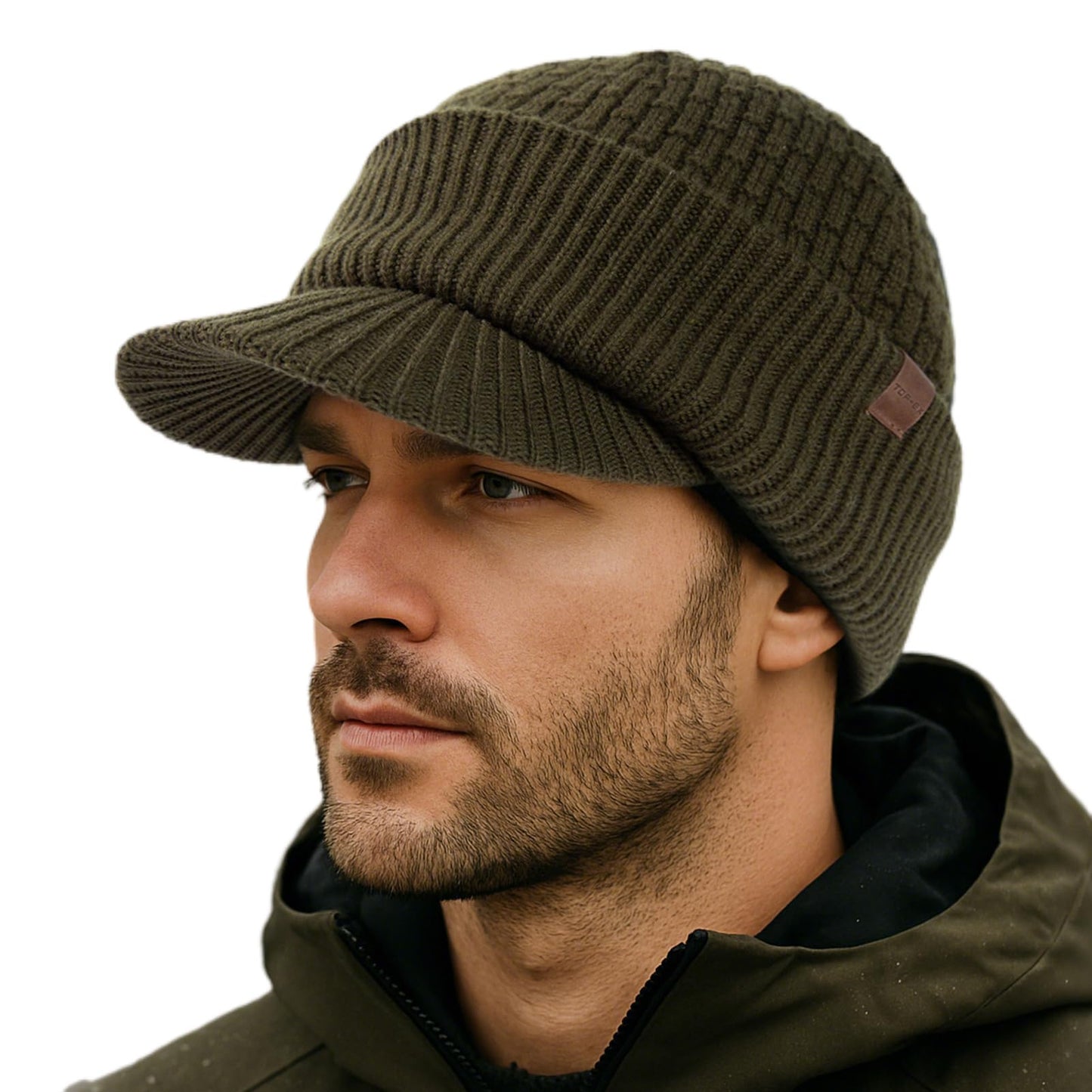 TOP-EX PolarWool™ 100% Merino Wool Winter Hat for Men Oversize Visor Beanie with Brim Fleece Lined Knit Cap for Cold Weather Hiking Skiing Big Head Green XL/XXL