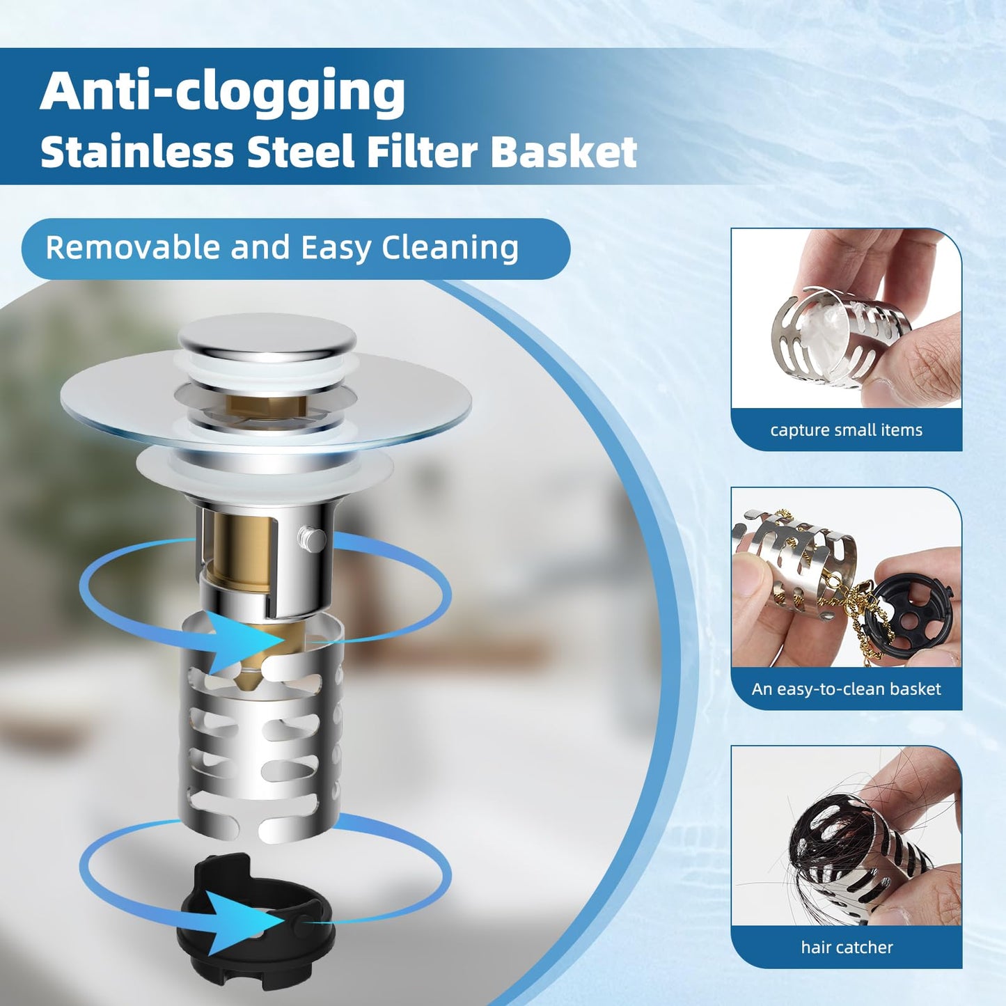 iFealClear Upgraded 4-in-1 Bathroom Sink Drain Stopper Hair Catcher, Universal Pop Up Strainer with 2-Layer Removable Stainless Steel Filter Basket, Anti-clog Sink Plug for 1.1"-2.36" US Basin, Chrome