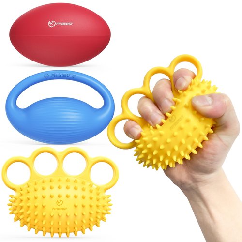 FitBeast Hand Exercise Ball Set–Stress Balls for Adults, Grip Strength Trainer Set for Rehab, Stress Relief, Arthritis, Carpal Tunnel, Hand Strength & Flexibility (3 Piece Set - Yellow Blue Red)