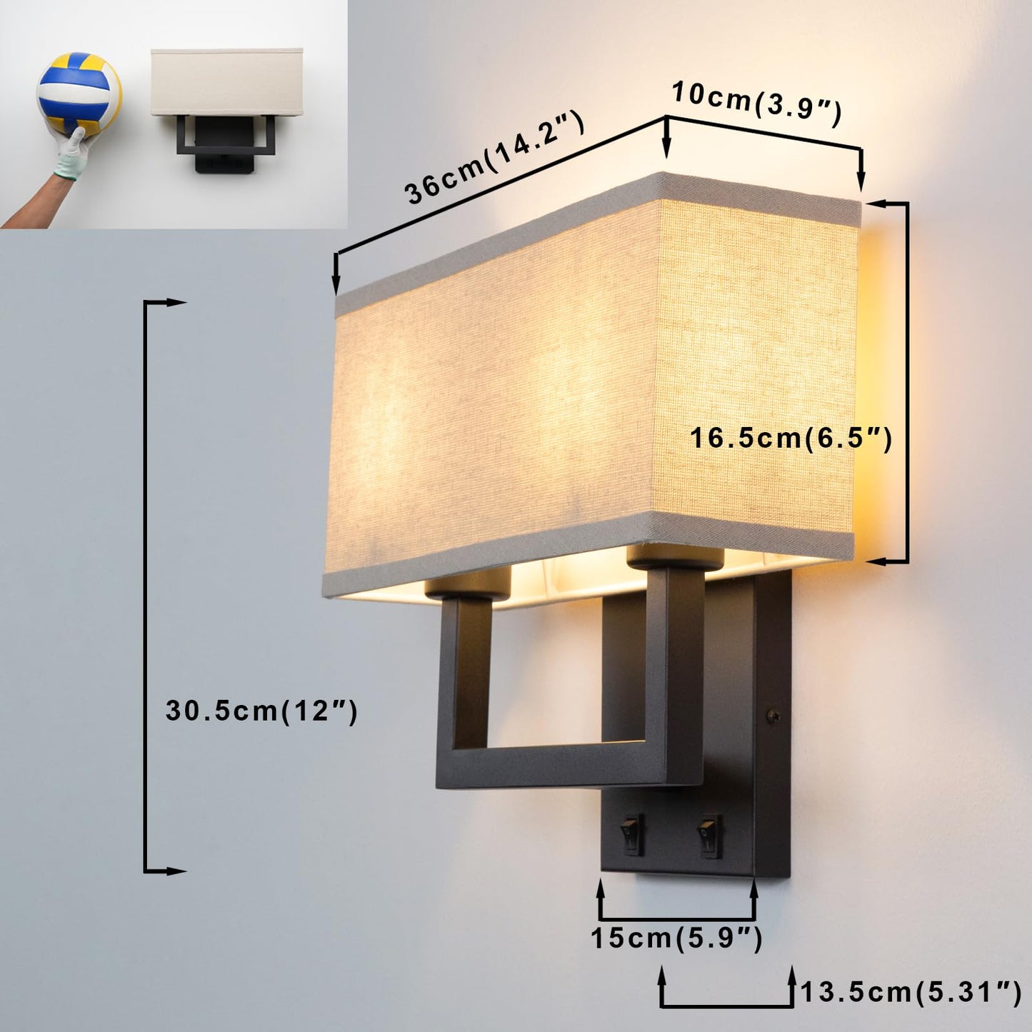 Yosoan Linen Fabric Boho Wall Sconce Bedside Light with On Off Switch, 2-Light Finished Hardwired Vintage Industrial Dual Wall Mount Lamp Lighting Square Shade for Bedroom Living Room Stairwell(Black)