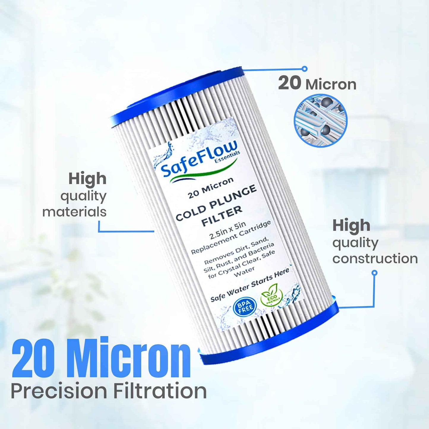 SafeFlow Essentials 5" x 2.5" Cold Plunge Filter 20 Micron – Fits The Pod Ice Cold Plunge Water Chiller, Cold Plunge Filters, and Under Kitchen Sink Systems (2)