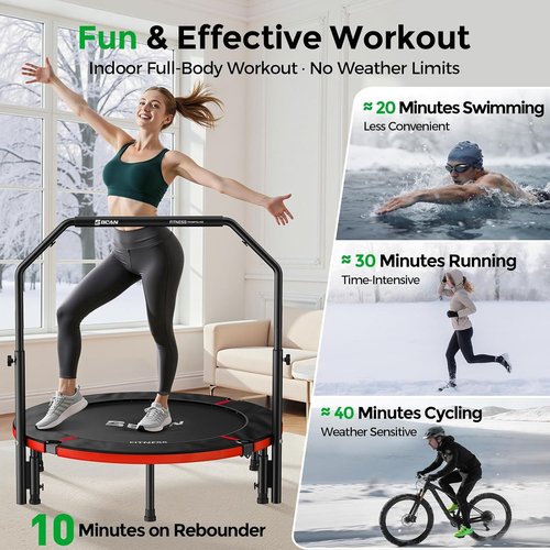 BCAN SP2 Foldable Mini Trampoline - Max Load 330lbs/440lbs | Adjustable Foam Handle for Indoor & Garden Workouts