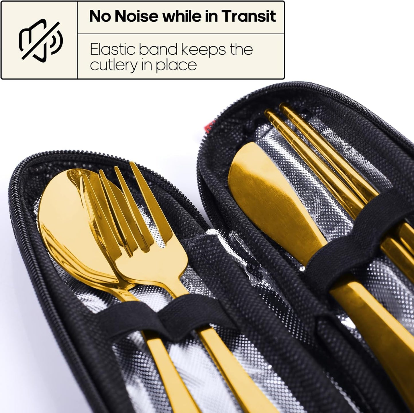 Quatish Portable Travel Utensils Set - Stainless Steel Reusable Cutlery with Case | Fork & Spoon for Camping, Picnic, Lunch Box - Gold