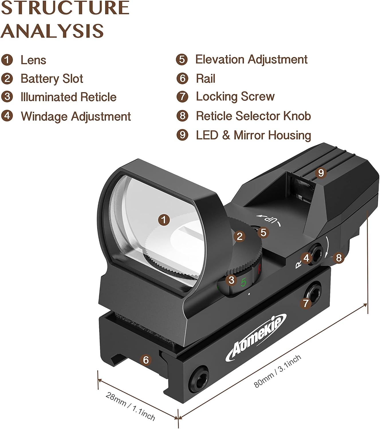 Aomekie Red Green Dot Gun Sight - Tactical Reflex Scope with 4 Reticles & 20mm Mount Rail