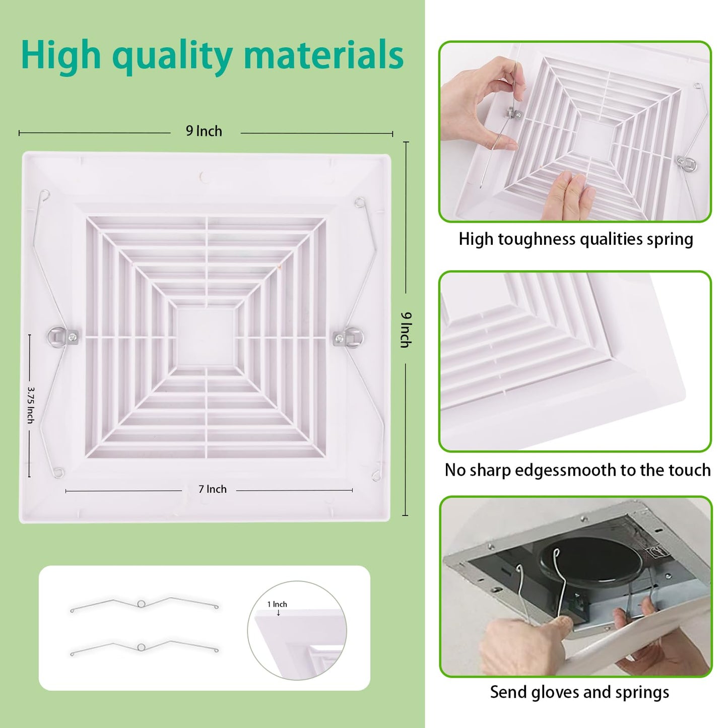 TIHCXNY 1-Piece (9"x9"Inches) Bathroom Exhaust Fan Cover with Spring, Square Ceiling or Wall Mounted Exhaust Fan, Ceiling Fan, Grille, Air Diffuser, Diverter Ventilation Hood, Replacement Accessories