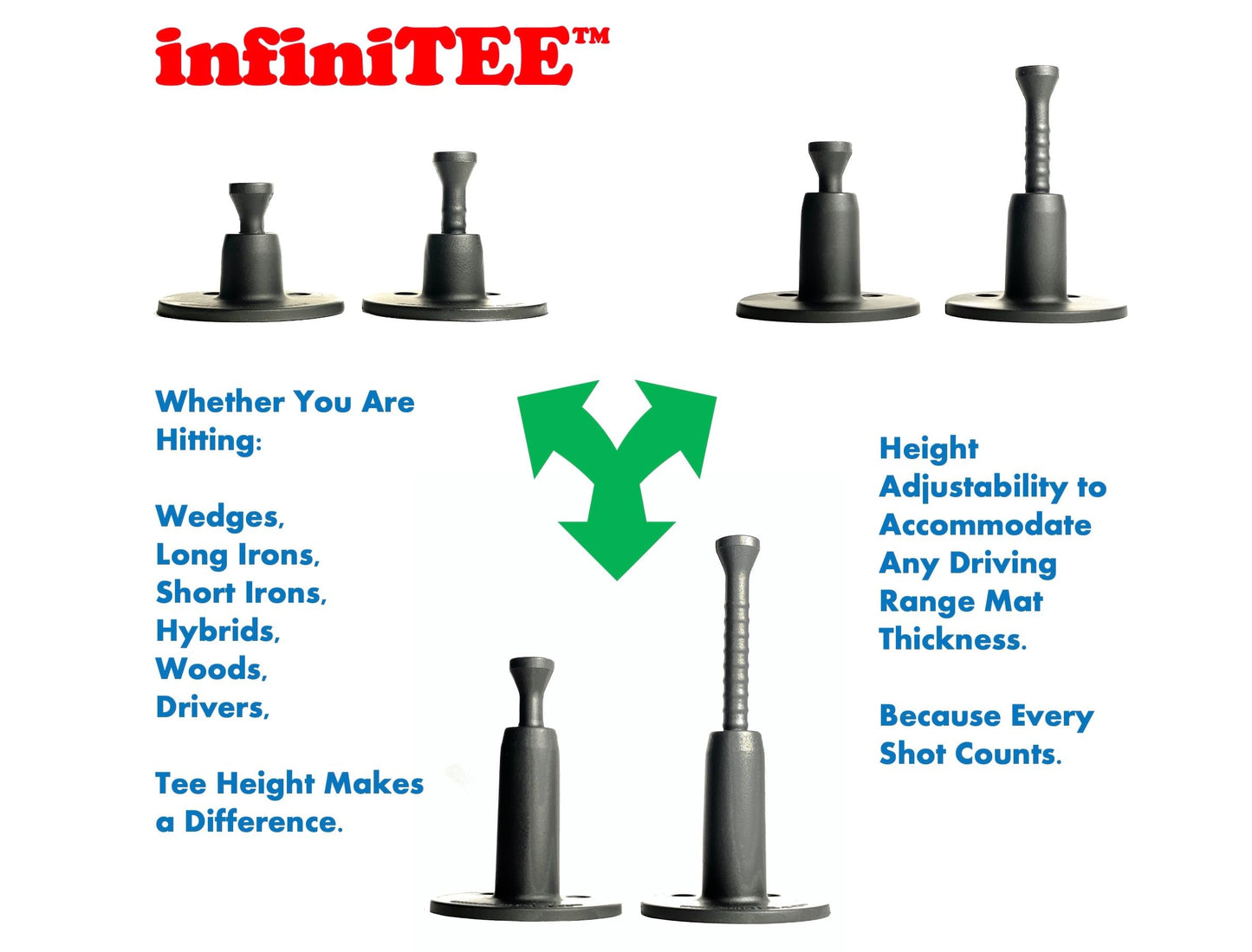 infiniTEE Height Adjustable Golf Tee Set for Driving Range Mats. Set of 3 Height Adjustable Golf Tees (Short, Regular, Tall) and Storage Bag