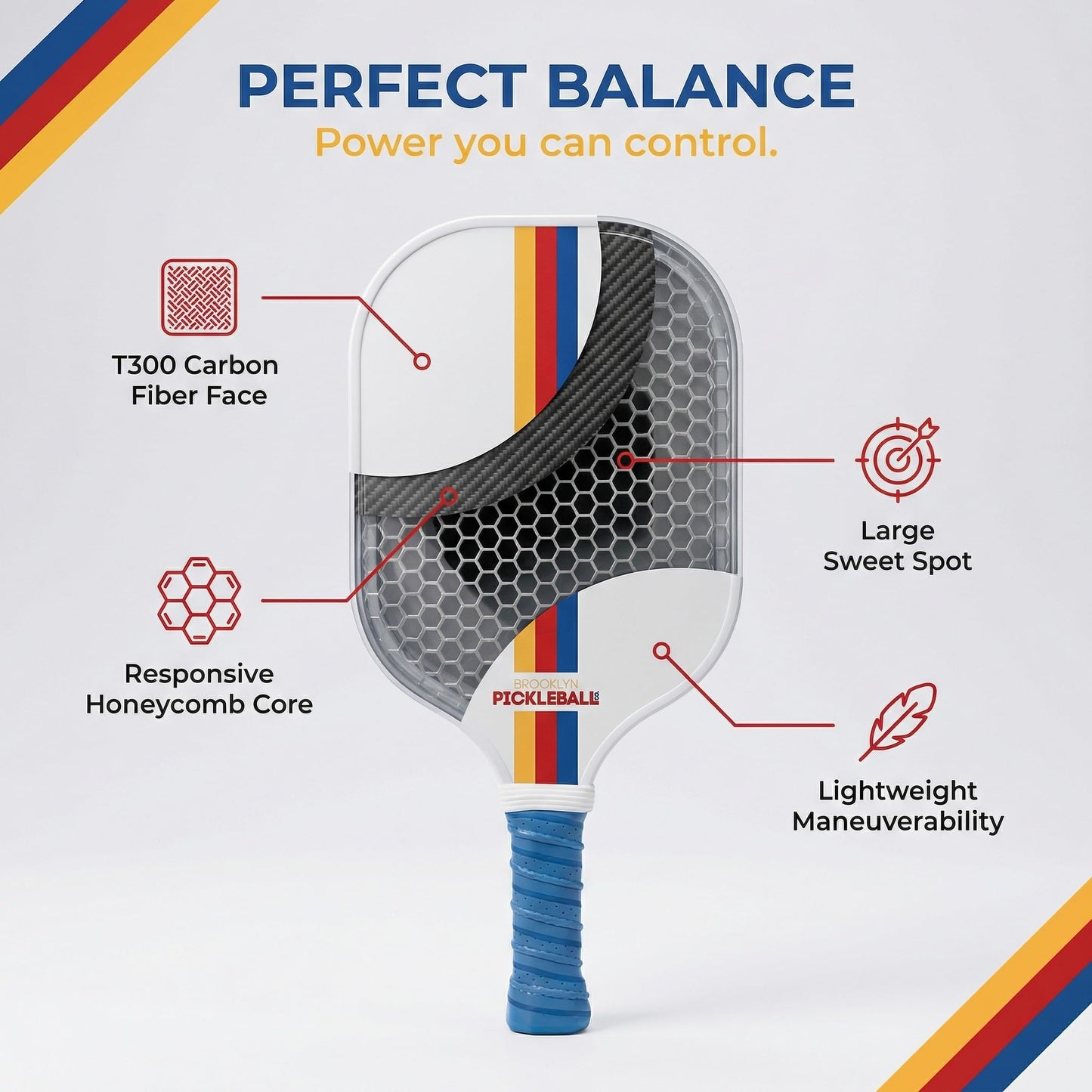 Premium Pickleball Paddles for All Skill Levels – USAPA Approved, Honeycomb Core & Cushioned Grip – Carbon Fiber White Pickle Ball Paddle Set – Made by Brooklyn Pickleball Co.
