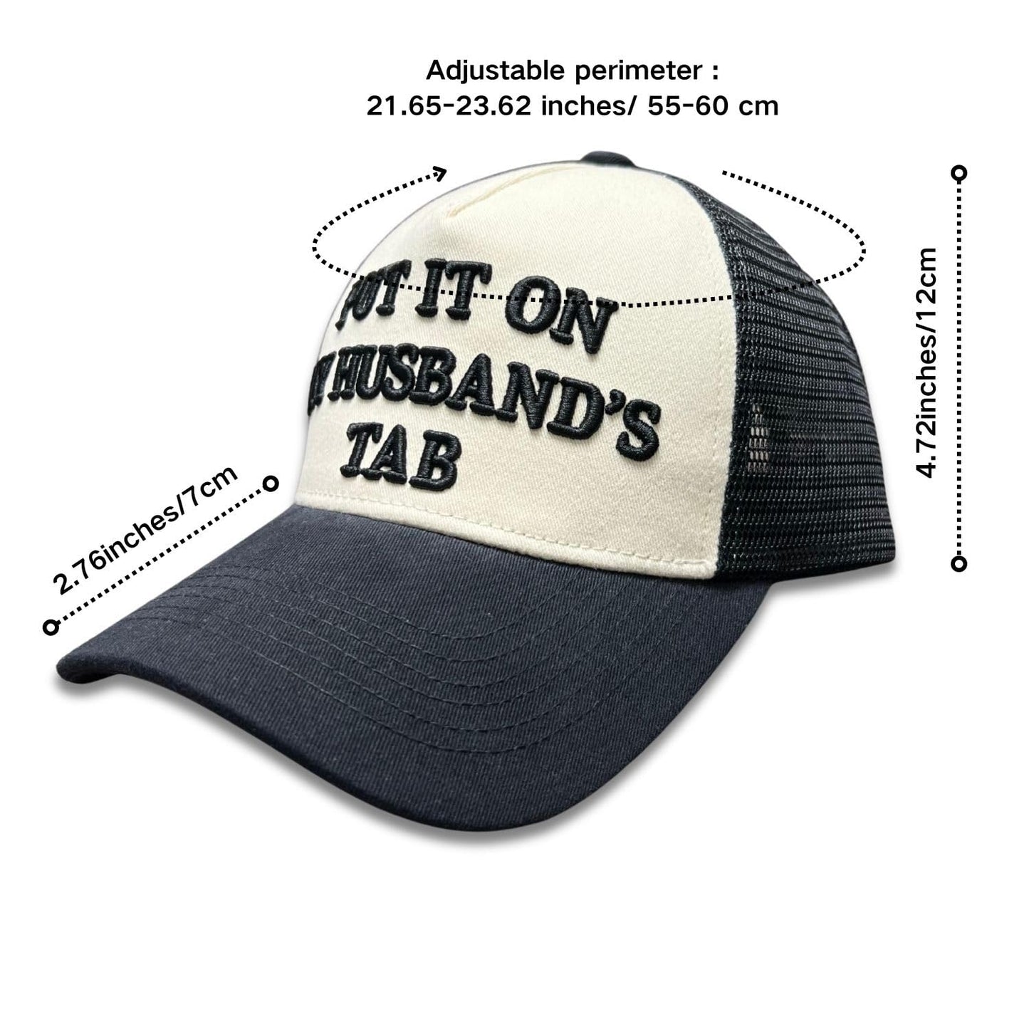 Put It On My Husband’s Tab – Funny Women’s Trucker Hat – 3D Embroidered Mesh Cap, Adjustable Snapback, Retro 5-Panel Baseball Hat