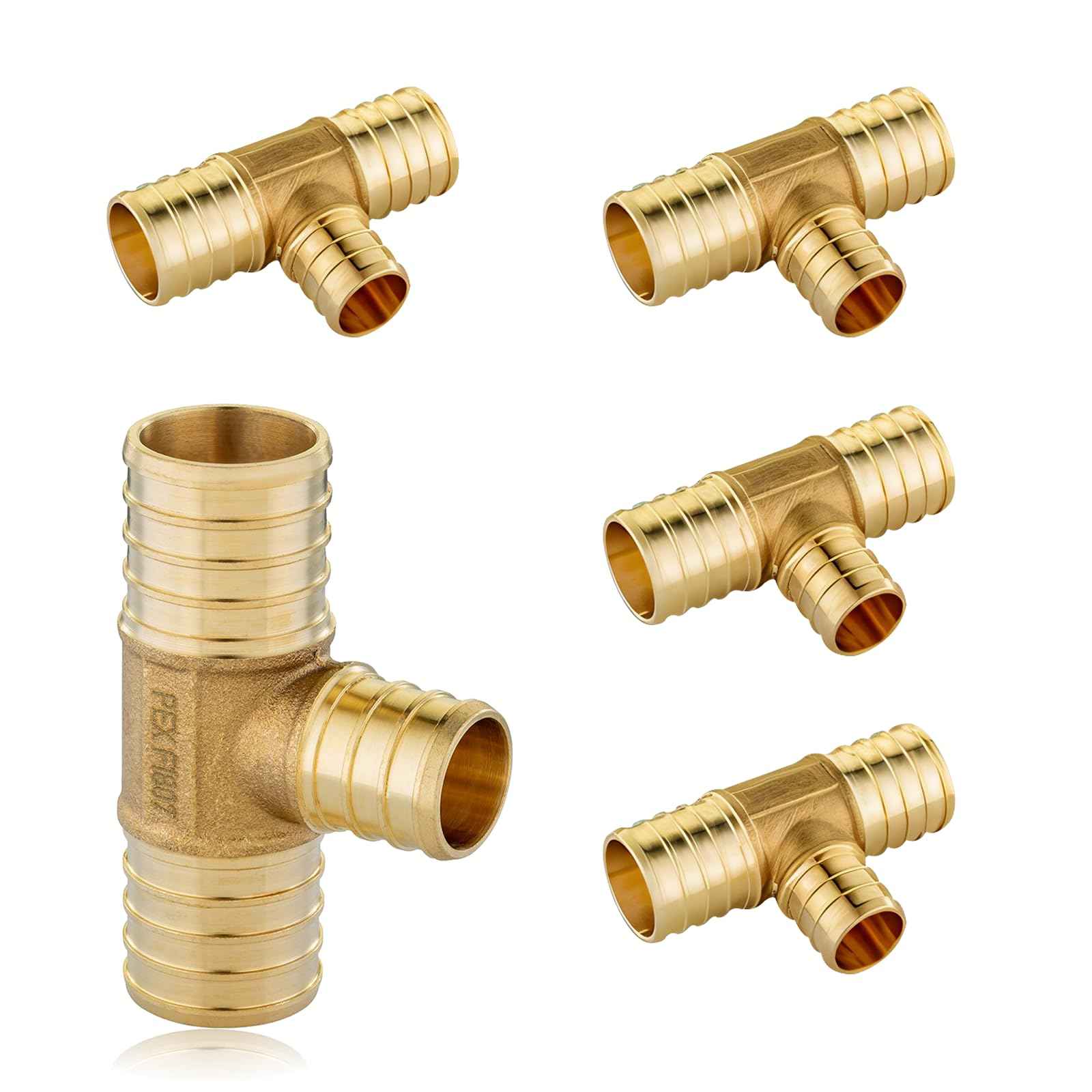 Seelink (5-Pack) PEX Fittings, 1" x 1" x 3/4" Pex Reducing Tee, Brass Crimp Fittings, for PEX Tubing Pipe Plumbing, ASTM F1807(PEX1807090)