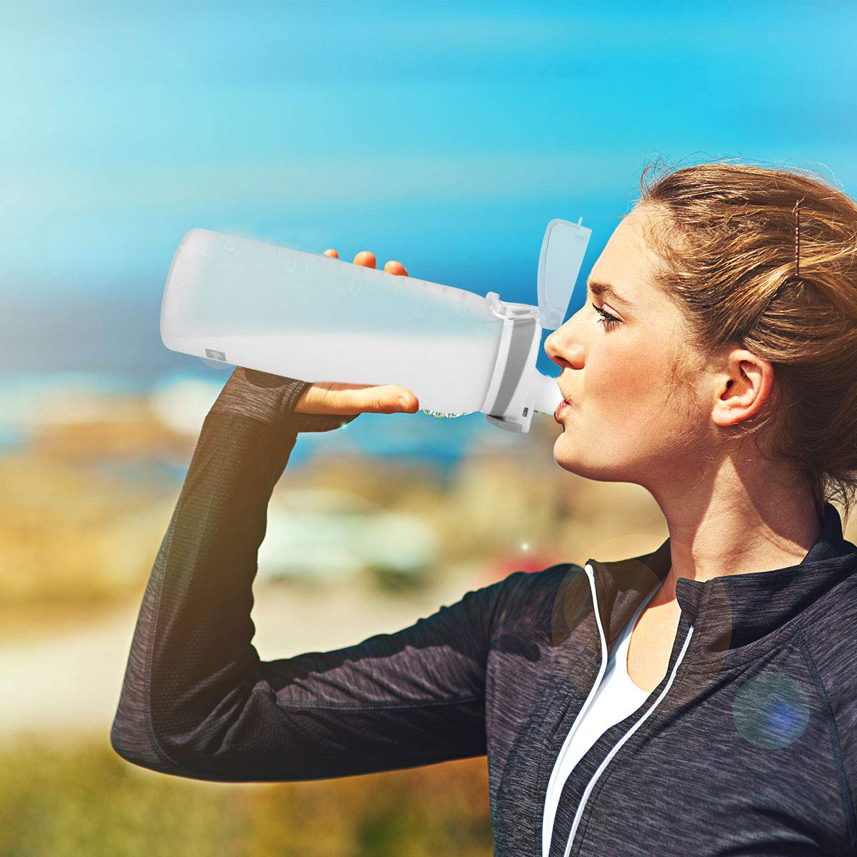 Teentumn Water Bottle BPA Free Tritan with Time Markers, 30oz Large Durable Gym Plastic Bottle for Fitness, Outdoor Enthusiasts, Leakproof White (Pack of 1)