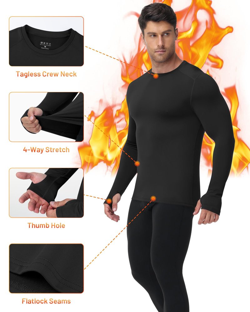 Moozava Men Thermal Compression Shirt Fleece Lined Long Sleeve Athletic Base Layer Cold Weather Gear Running Workout Top Black L
