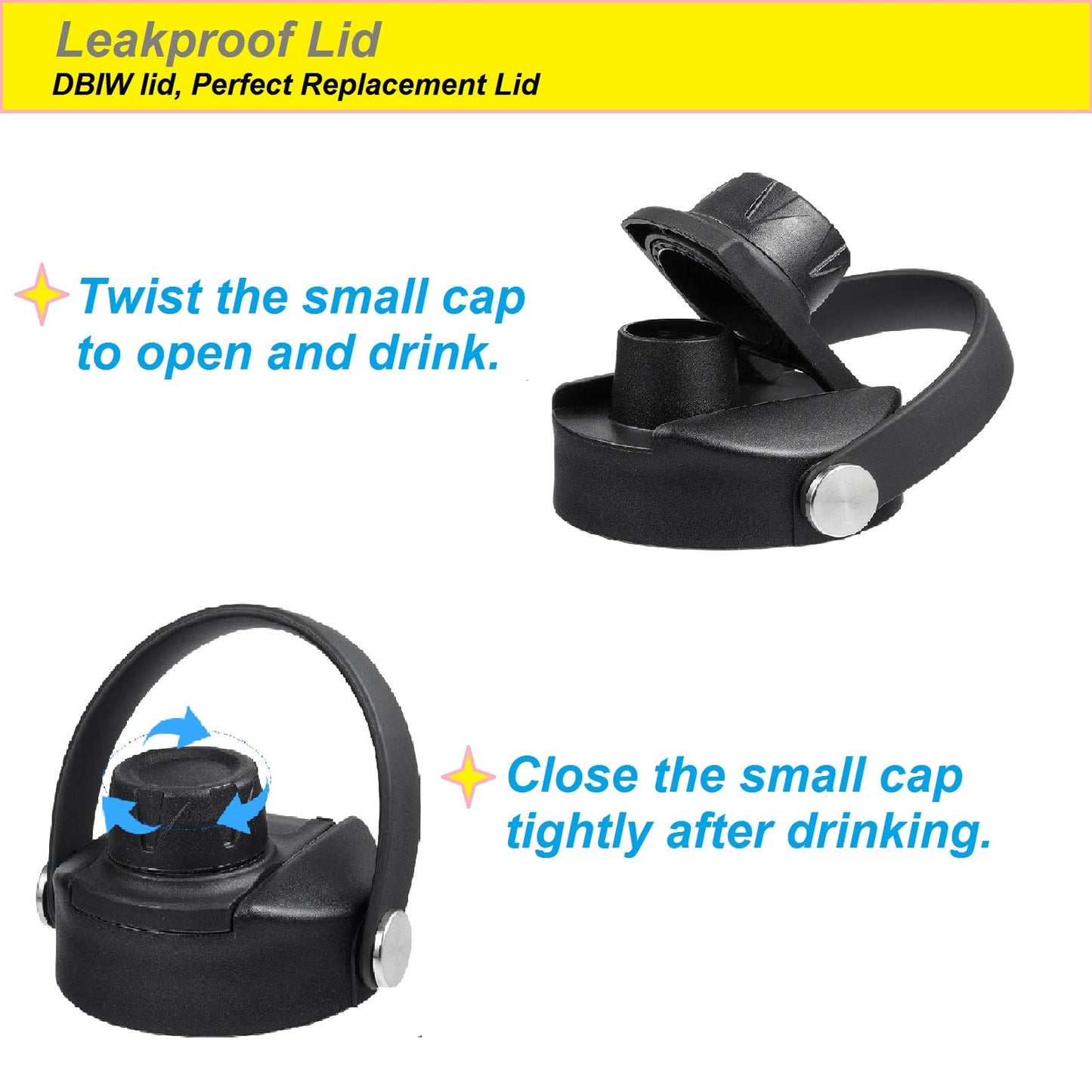 Lid for Hydroflask 32 40 64 oz Wide Mouth, Replacement Chug Cap with Flex Handle Fits Hydro Flask 12 16 20 Ounce Kids Bottle, BPA Free Dishwasher Safe,Water Bottle Accessories Top, Black-2 Pack