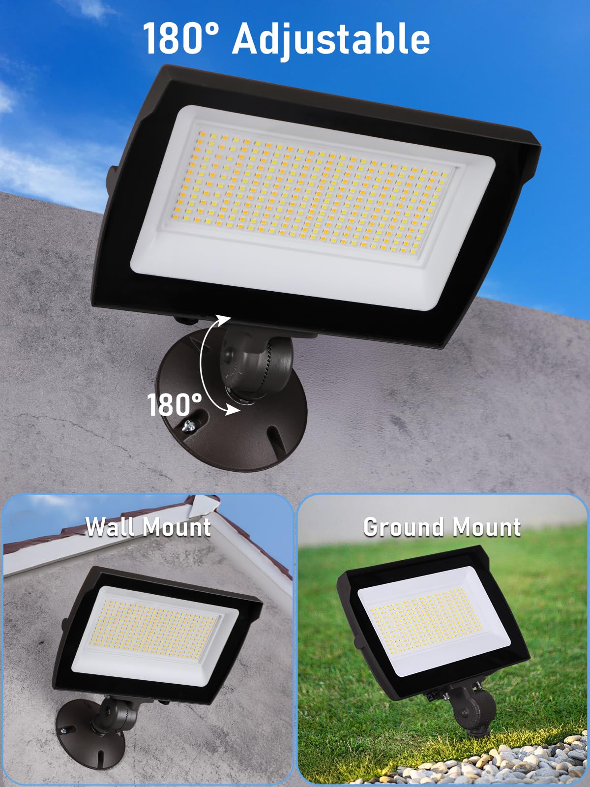LEONLITE 100W/80W/50W Adjustable LED Flood Light Outdoor with Knuckle Mount, UL Listed, 5000K/4000K/3000K Selectable, 120/277V, Security Flood Lighting for Yard, Garage, IP65 Waterproof, Bronze