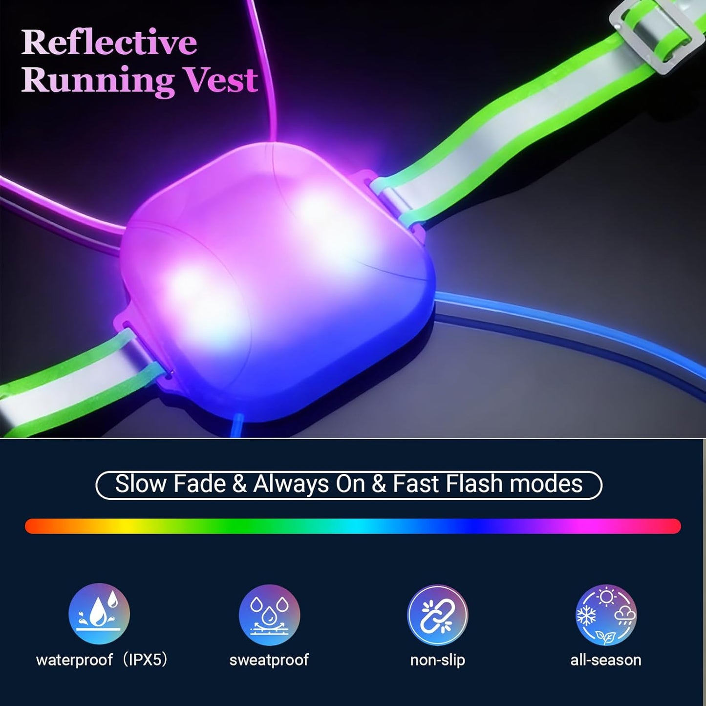 Skiennix Reflective Running Vest - Rechargeable LED Safety Gear with 3 Modes & 7 Colors | Adjustable Medium Size for Night Running, Cycling & Hiking