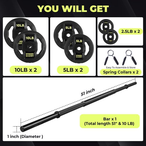 AboveGenius Barbell Weight Set, 45 LB Adjustable Free Weights Bar Set for Home Gym Strength Training, Full Body Workout, Muscle Building, Home Fitness Weight Lifting Equipment