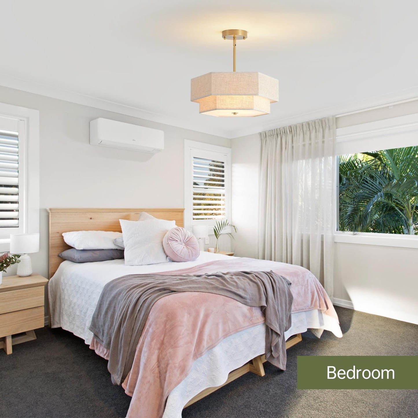 InterMaka Modern Semi Flush Mount Ceiling Light 15.7" Boho Light Fixture with Linen Shade, Double Drum 3-Light Entryway Pendant Light, Close to Ceiling Light Fixtures for Living Room Bedroom Nursery