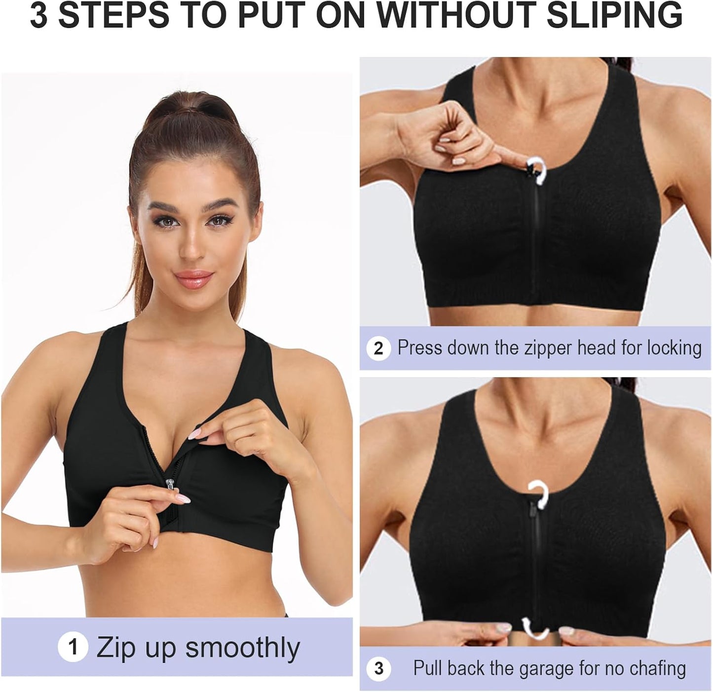 Skiennix Women's Zip Front Sports Bra - Wireless Post-Surgery Comfort for Active Yoga | Black