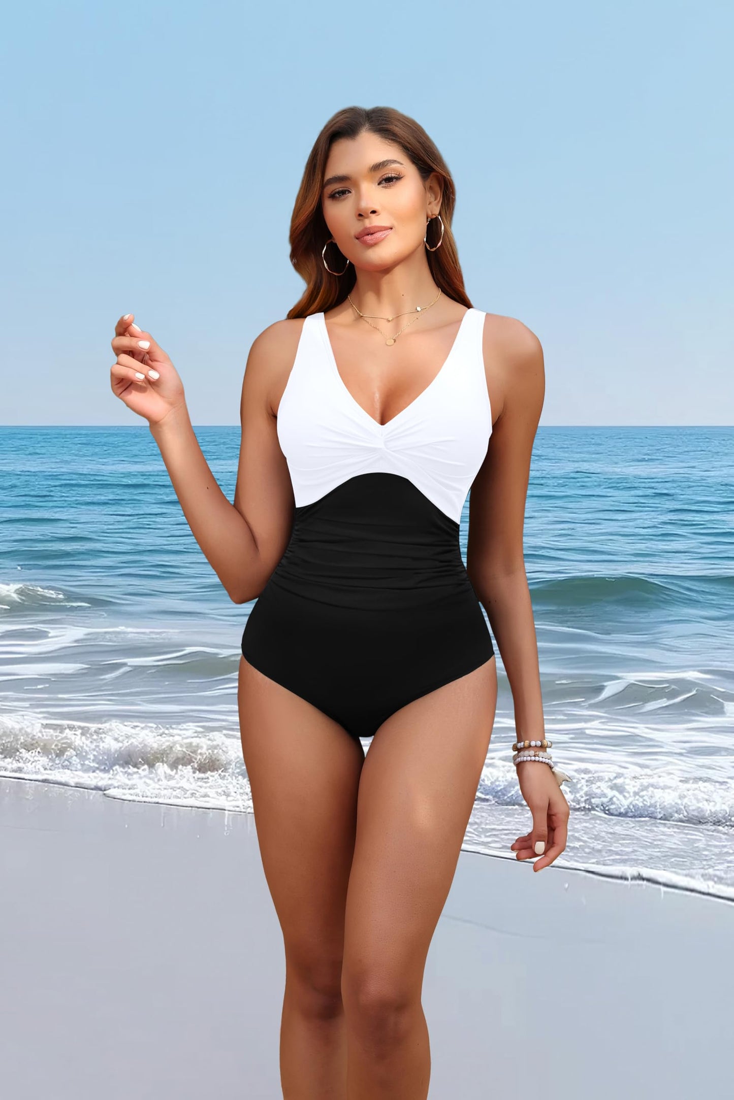 Holipick Black and White Women Tummy Control One Piece Swimsuit - Push Up Bathing Suit Full Coverage Slimming Swimwear S
