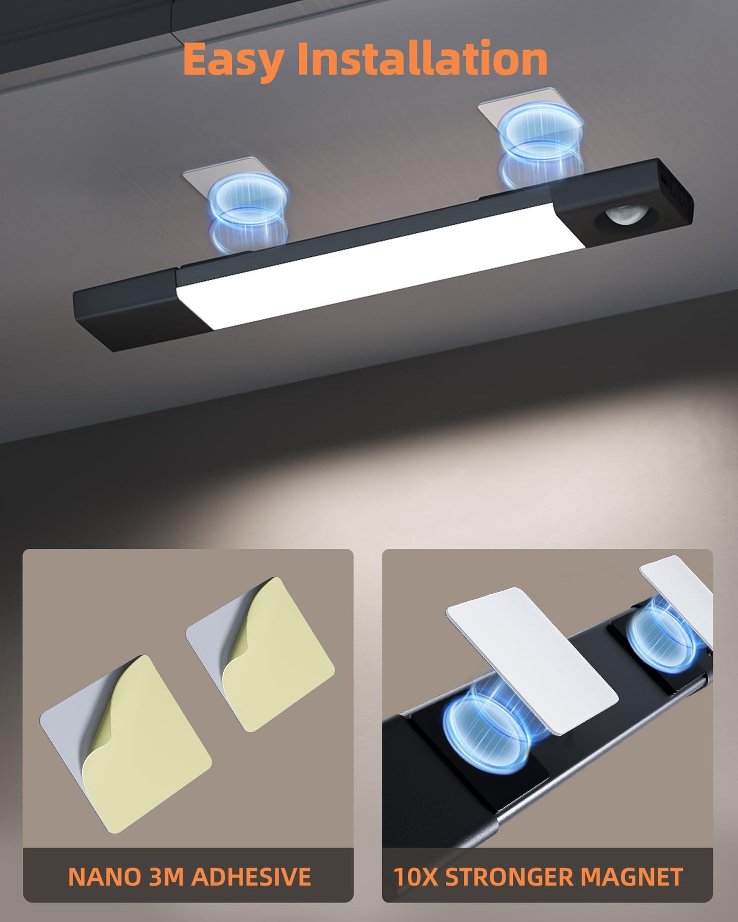 EZVALO Under Cabinet Lighting, Wireless Closet Lights, 50 LED Rechargeable Motion Sensor Light, Dimmable, 3 Color Temperatures, 11.8 in Counter Lights for Kitchen, Pantry, Wardrobe (3 Pcs, Black)