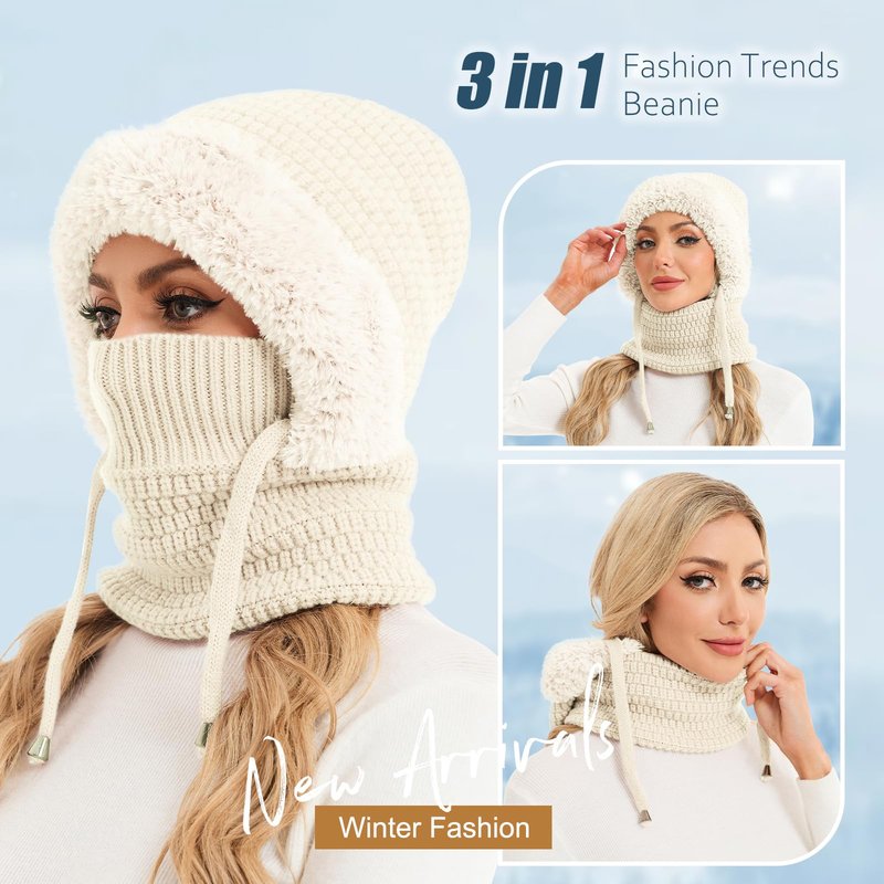 Sumolux 3 in 1 Beanie Hat for Women with Fleece Lined Scarf and Mask Outdoors Windproof Knitted Ski Mask Set