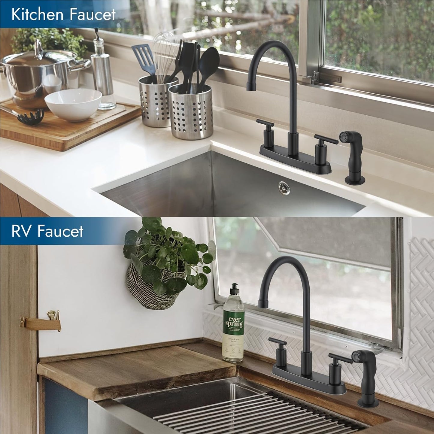 Brushed Nickel Kitchen Faucet with 360° Rotating Spout & Side Sprayer - 2 Handle, 8 Inch Centerset
