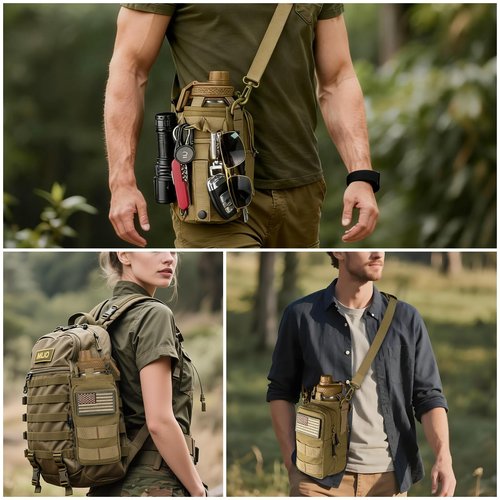 Water Bottle Sleeve with Strap - Insulated Water Bottle Holder with MOLLE System for Backpack Tactical Khaki Crossbody Pouch for Walking Hiking Fishing Camping Gym 32oz&24oz