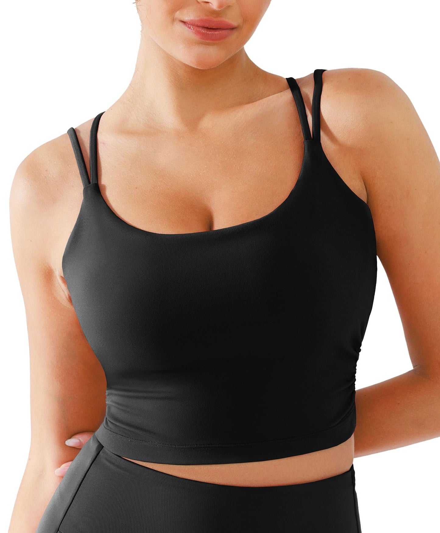 BRXL Womens Twist Back Sports Bra Longline Buttery Soft Low Impact Yoga Bra Removable Pads Scoop Neck Crop Top Black