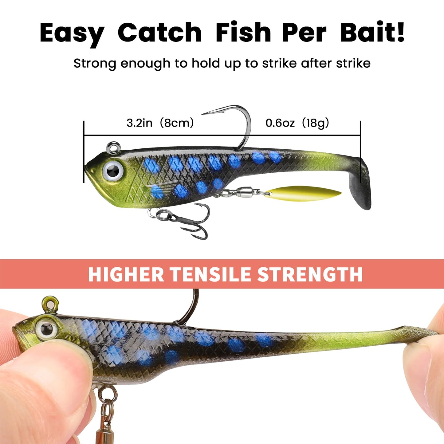TRUSCEND Shadtale Soft Fishing Lures with BKK Hooks – Easy Catch: Trembly Sinking and Vibrating Swim for More Bites, Paddle Tail Spinner Swimbait for Bass, Trout, Crappie, Walleye, Great Fishing Gear