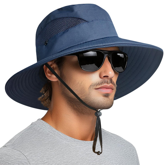 PFFY Sun Hats for Men Women Wide Brim Bucket Hat Hiking Fishing Hat Blue