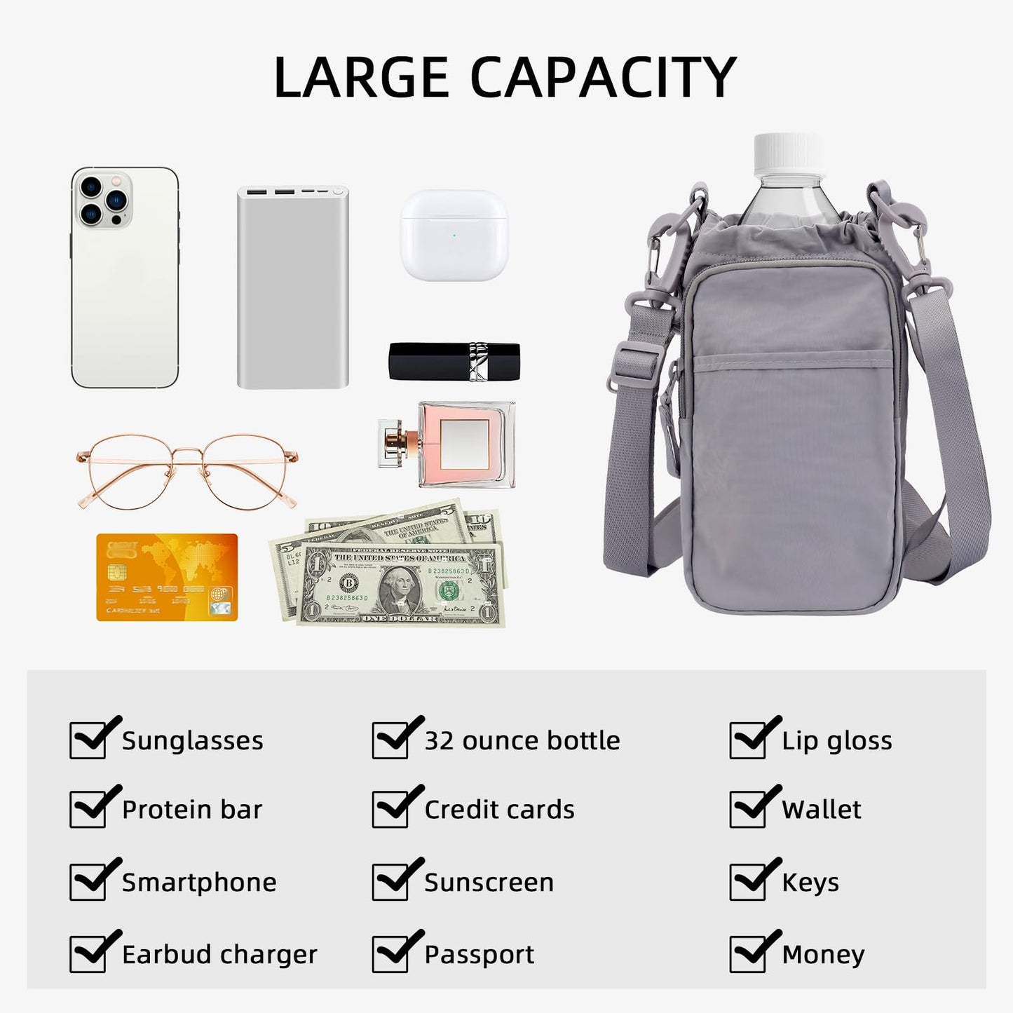 Zkptops Water Bottle Holder with Strap Water Bottle Bag with Handle Large Phone Pocket 32Oz Cross Body Bag Carrier Sling Bags Sports Accessories for Men Women Walking Hiking Travelling Camping