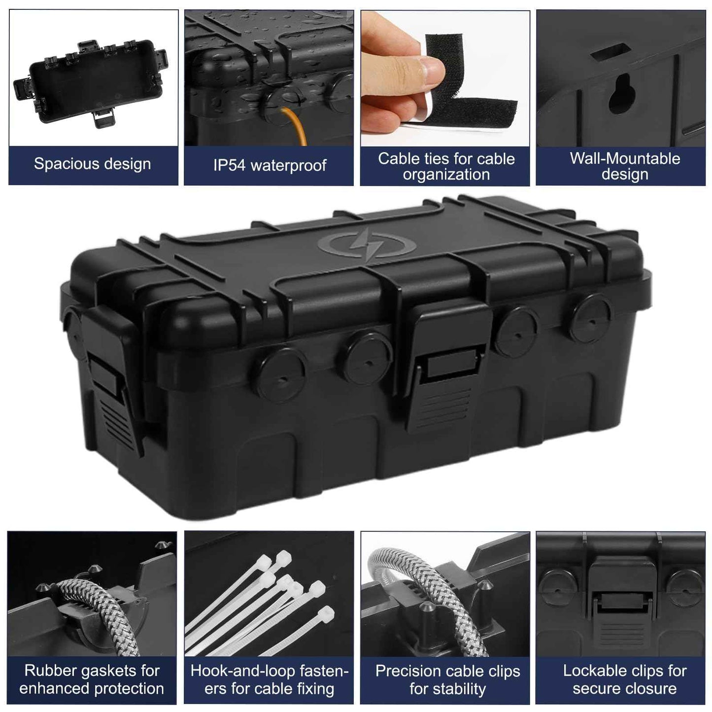 OUTDSPLY Medium Outdoor Electrical Box (11.6x5.7x4.1 inch), IP54 Waterproof Extension Cord Cover w/ 6 Cable Entry, Weatherproof Connection Box for Power Strip, Plug, Timer, Holiday Lights, Black