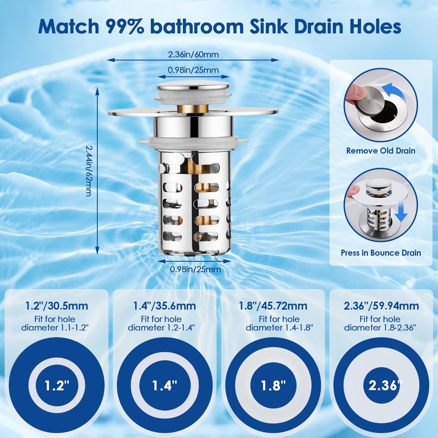 3 in1 Bathroom Sink Drain Strainer & Bathroom Sink Stopper,Pop Up Sink Stopper with Removable Stainless Steel Filter Basket Hair Catcher,Universal Sink Plug Fits 1.1"-2.36" Drain Holes