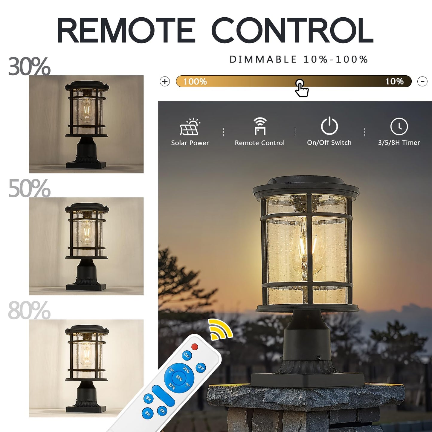Emliviar 13 Inch Outdoor Solar Post Light, Dusk to Dawn Post Lighting Fixture with Remote Control, Removable Pier Mount with Seeded Glass, XE229P-SL BK