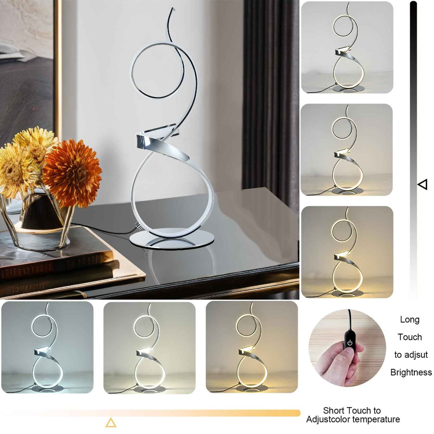 AooLiWang 21inch 20W 2700LM Modern Upscale Desk Light 3 Color Wireless Remote Control Dimmer Table Lamp for Living Room,Bedroom (Chrome Finsh)